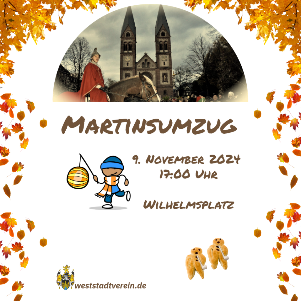 Plakat zur Ankündigung des Martinsumzugs auf dem Wilhelmsplatz am 9.11.2024 ab 17:00h